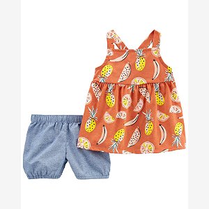 Conjunto Menina Carters 2 Peças Bata Marrom Frutas Shorts Jeans Fake