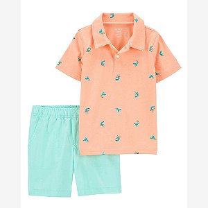 Conjunto Infantil Menino Carters 2 Peças Camiseta Gola Polo Laranja Baleia
