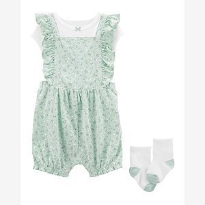 Jardineira Infantil Menina Carters 3 Peças Verde Flores Com Meia