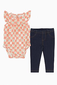 Conjunto Infantil Menina Carters 2 Peças Body Xadrez Calça Jeans Fake