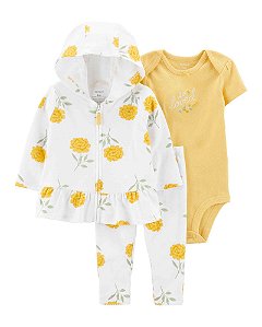 Conjunto Infantil Menina Carters 3 Peças Jaqueta Branca Flor Amarela