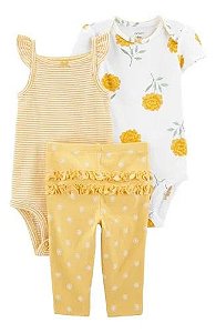 Conjunto Infantil Menina Carters 3 Peças Body Listras e Floral Amarelo