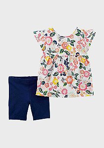 Conjunto Infantil Menina Carters 2 Peças Bata Flores Shorts Azul Marinho