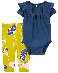 Conjunto Menina Carters 2 Peças Body Azul Calça Floral Amarela