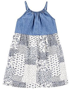 Vestido Infantil Menina Oshkosh Alça Jeans e Floral Azul