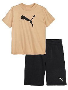 Conjunto Infantil Menino Puma Camiseta Bege e Bermuda Preta Forrada