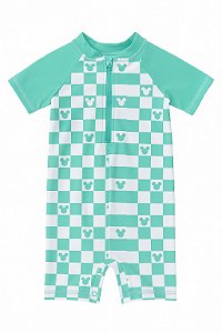Macacão Infantil Disney Menino - Praia - Verde Xadrez Mickey - Proteção Solar