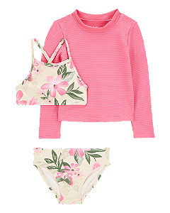 Conjunto Menina Carters 3 Peças - Praia Biquini Floral com Camiseta