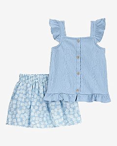 Conjunto Infantil Menina 2 Peças Bata Azul Shorts Saia Floral