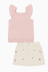 Conjunto Infantil Menina Carters 2 Peças Bata Rosê Saia Jeans Bordada