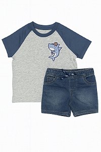 Conjunto Infantil Menino Carters Camiseta Cinza Tubarão Bermuda Jeans