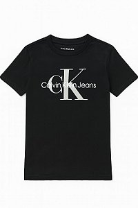 Camiseta Infantil Menino Calvin Klein Manga Curta Preta Logo Prata