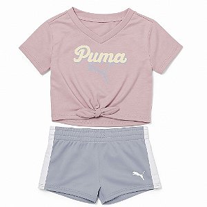 Conjunto Infantil Menina Puma 2 Peças Camiseta Rosa Estilosa Shorts Lilás