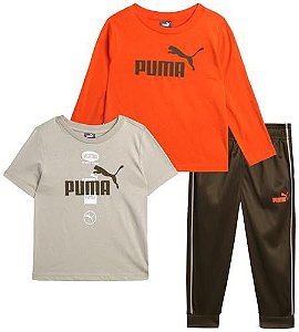 Conjunto Infantil Menino Puma 3 Peças Camiseta Laranja Calça Marrom