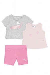 Conjunto Infantil Menina Puma 3 Peças Camiseta Cinza Shorts Pink e Regata
