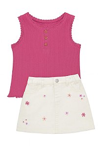 Conjunto Infantil Menina Oshkosh 2 Peças Regata Bordô Saia Jeans Bordada