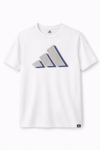 Camiseta Infantil Menino Adidas Dry Fit Branca Logo Bege e Azul