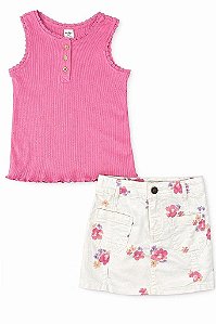 CONJUNTO MENINA OSHKOSH REGATA BORDÔ CANELADA E SAIA JEANS BEGE FLOR