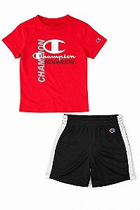 CONJUNTO INFANTIL MENINO CHAMPION CAMISETA VERMELHA BERMUDA PRETA
