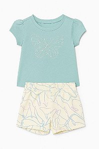 CONJUNTO INFANTIL MENINA PUMA 2 PEÇAS CAMISETA VERDE SHORTS BORBOLETA