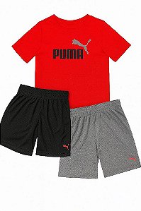 CONJUNTO INFANTIL MENINO PUMA 3 PEÇAS CAMISETA VERMELHA 2 BERMUDAS