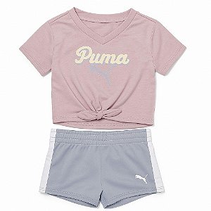 CONJUNTO INFANTIL MENINA PUMA 2 PEÇAS CAMISETA ROSA ESTILOSA SHORTS LILÁS