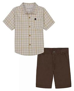 CONJUNTO INFANTIL MENINO CALVIN KLEIN 2 PEÇAS CAMISA XADREZ BEGE