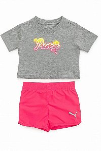 CONJUNTO INFANTIL MENINA PUMA 2 PEÇAS CAMISETA CINZA SHORTS PINK