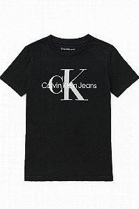 CAMISETA INFANTIL MENINO CALVIN KLEIN MANGA CURTA PRETA LOGO PRATA