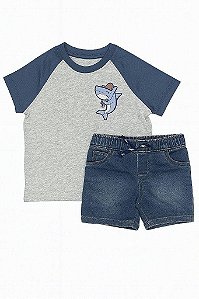 CONJUNTO INFANTIL MENINO CARTERS CAMISETA CINZA TUBARÃO BERMUDA JEANS