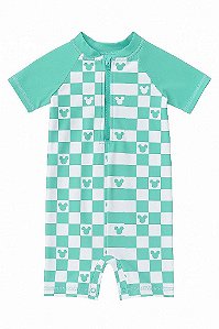 MACACÃO INFANTIL DISNEY MENINO - PRAIA - VERDE XADREZ MICKEY - PROTEÇÃO SOLAR