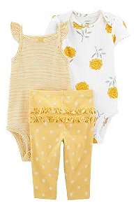 CONJUNTO INFANTIL MENINA CARTERS 3 PEÇAS BODY LISTRAS E FLORAL AMARELO