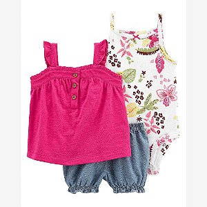 CONJUNTO INFANTIL MENINA CARTERS 3 PEÇAS BODY FLORAL BATA PINK