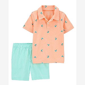 CONJUNTO INFANTIL MENINO CARTERS 2 PEÇAS CAMISETA GOLA POLO LARANJA BALEIA