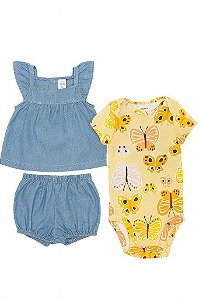 CONJUNTO INFANTIL MENINA CARTERS 3 PEÇAS BATA JEANS BODY AMARELO FLORAL