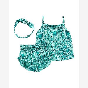 CONJUNTO MENINA CARTERS 3 PEÇAS BATA COM CALCINHA E LAÇO VERDE FLORAL