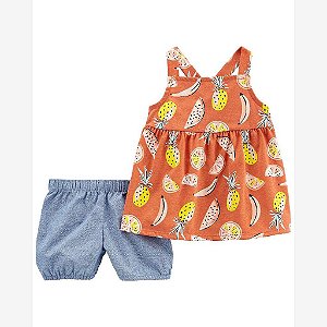 CONJUNTO MENINA CARTERS 2 PEÇAS BATA MARROM FRUTAS SHORTS JEANS FAKE