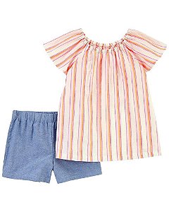CONJUNTO MENINA CARTERS 2 PEÇAS BATA LINHO LISTRAS SHORTS JEANS FAKE