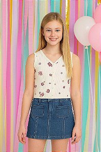 CONJUNTO MENINA OSHKOSH 2 PEÇAS SAIA JEANS E REGATA BEGE FLORAL