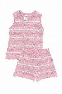 CONJUNTO MENINA OSHKOSH 2 PEÇAS REGATA E SHORTS CROCHÊ ROSA LISTRAS