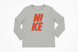 CAMISETA MENINO NIKE MANGA LONGA CINZA LOGO LARANJA