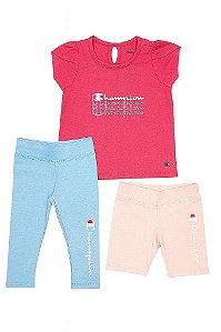 CONJUNTO MENINA CHAMPION 3 PÇS CAMISETA PINK LEGGING ROSA E AZUL