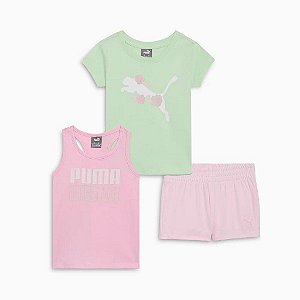 CONJUNTO INFANTIL MENINA PUMA 3 PEÇAS CAMISETA VERDE E REGATA