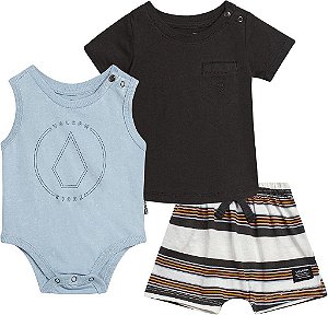 CONJUNTO INFANTIL MENINO VOLCOM 3 PEÇAS CAMISETA E BODY BERMUDA LISTRAS