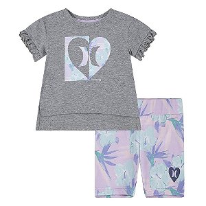 CONJUNTO INFANTIL MENINA HURLEY 2 PEÇAS CAMISETA CINZA SHORTS FLORAL