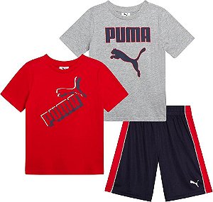 CONJUNTO 3 PEÇAS MENINO PUMA CAMISETA VERMELHA E CINZA COM BERMUDA