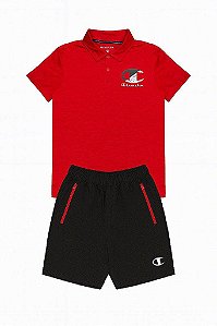 CONJUNTO 2 PEÇAS MENINO CHAMPION CAMISETA POLO VERMELHA COM BERMUDA