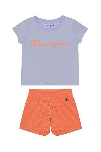 CONJUNTO INFANTIL MENINA CHAMPION 2 PEÇAS CAMISETA LILÁS E SHORTS