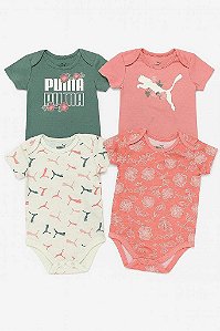 KIT 4 BODYS PUMA INFANTIL MENINA ? MANGA CURTA ROSA E VERDE