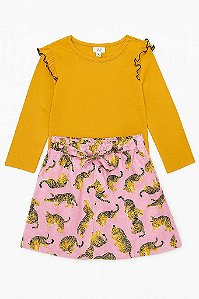 CONJUNTO 2 PEÇAS MENINA CROWN E IVY CAMISETA AMARELA SAIA TIGRE